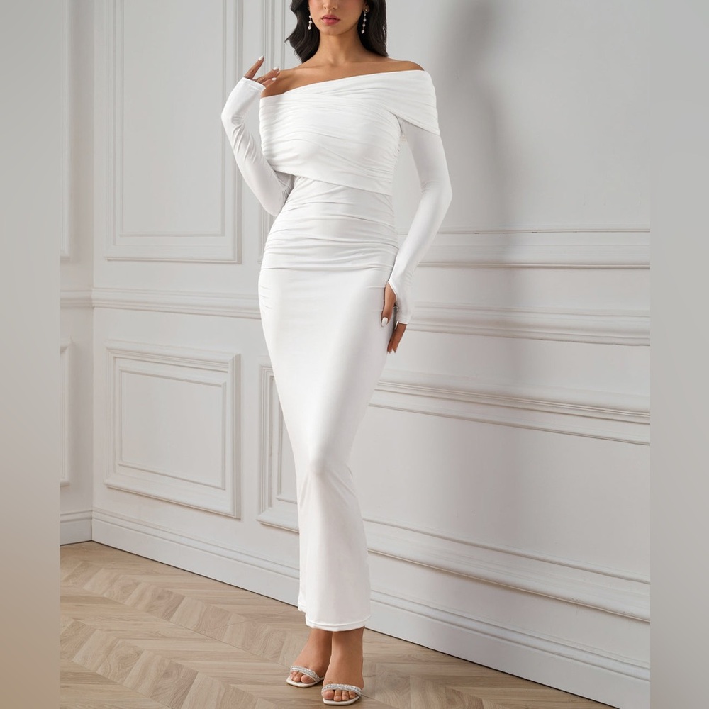 Chic Off-Shoulder White Long Sleeve Dress